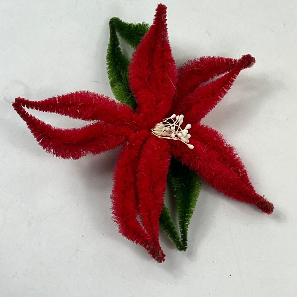 Vtg Mid‑Century Chenille Pipe Cleaner Poinsettia Elf Figurine Set Christmas - Picture 2 of 7